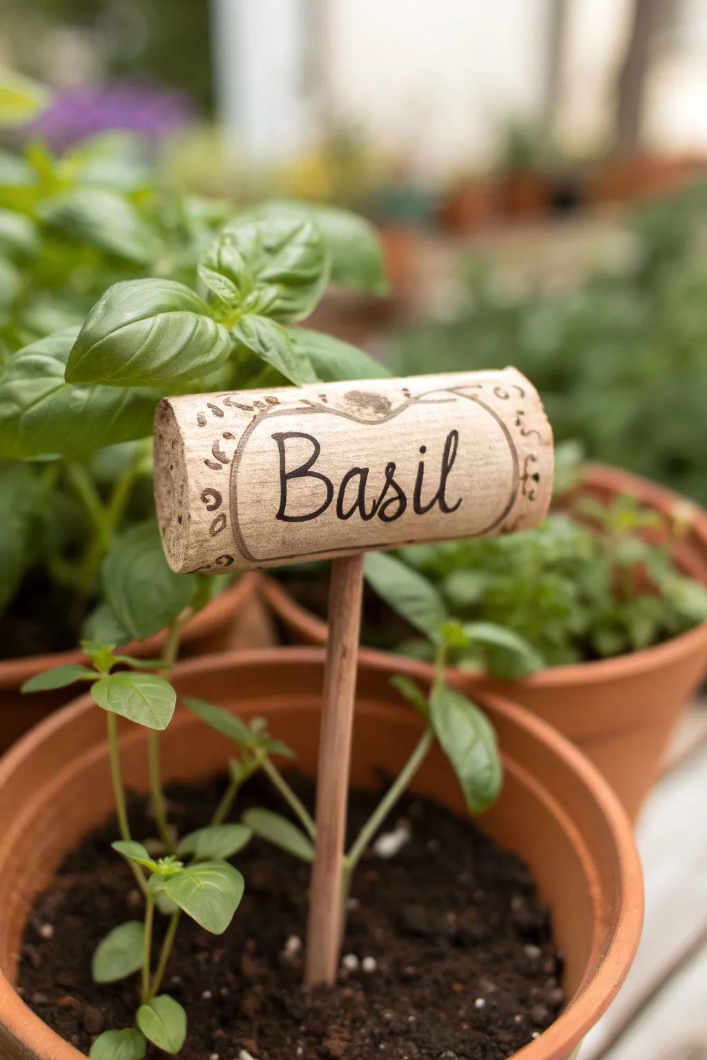 Enhance your garden's allure with these handmade bottle stopper plant identifiers, epitomizing uncomplicated charm.
