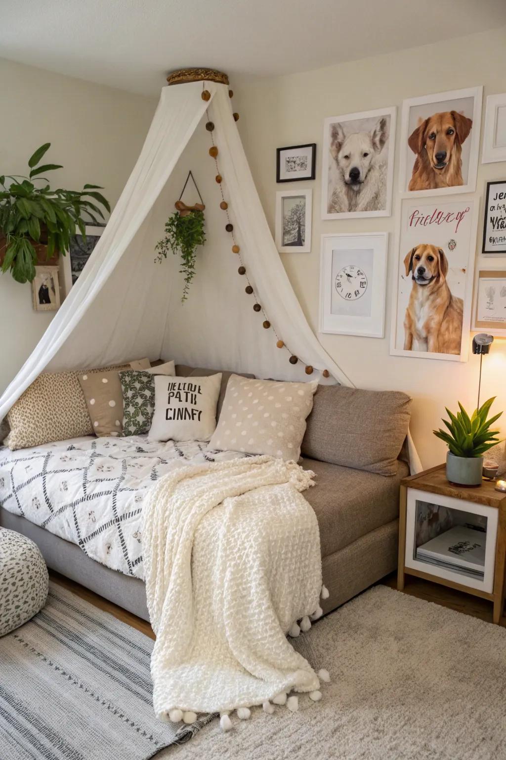 A decorated dog corner featuring themed art and a lavish bed to establish a comfortable area.