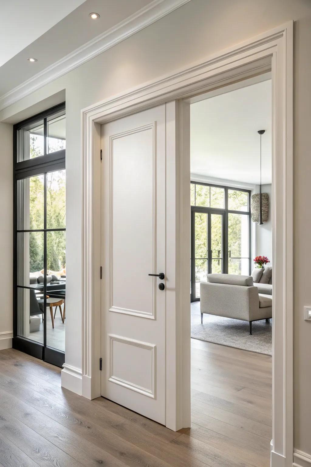 This contemporary house is enhanced by simple, minimalist door trim.