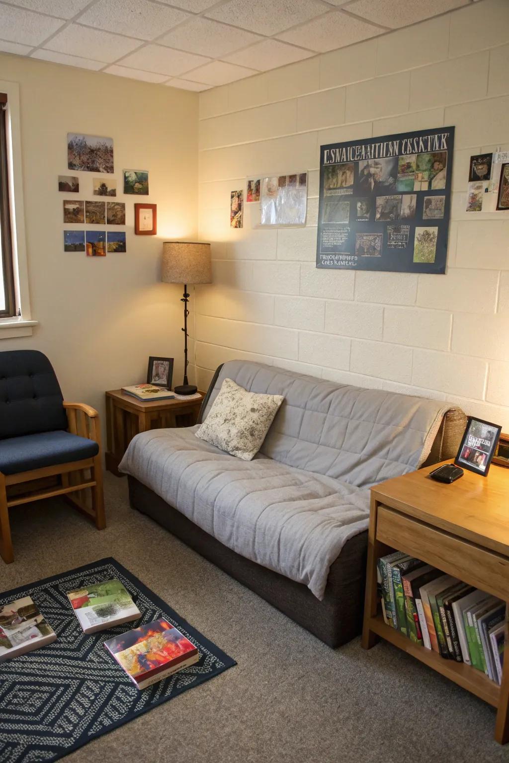 A comfortable lounge area in a dorm room, ideal for socializing and leisure.