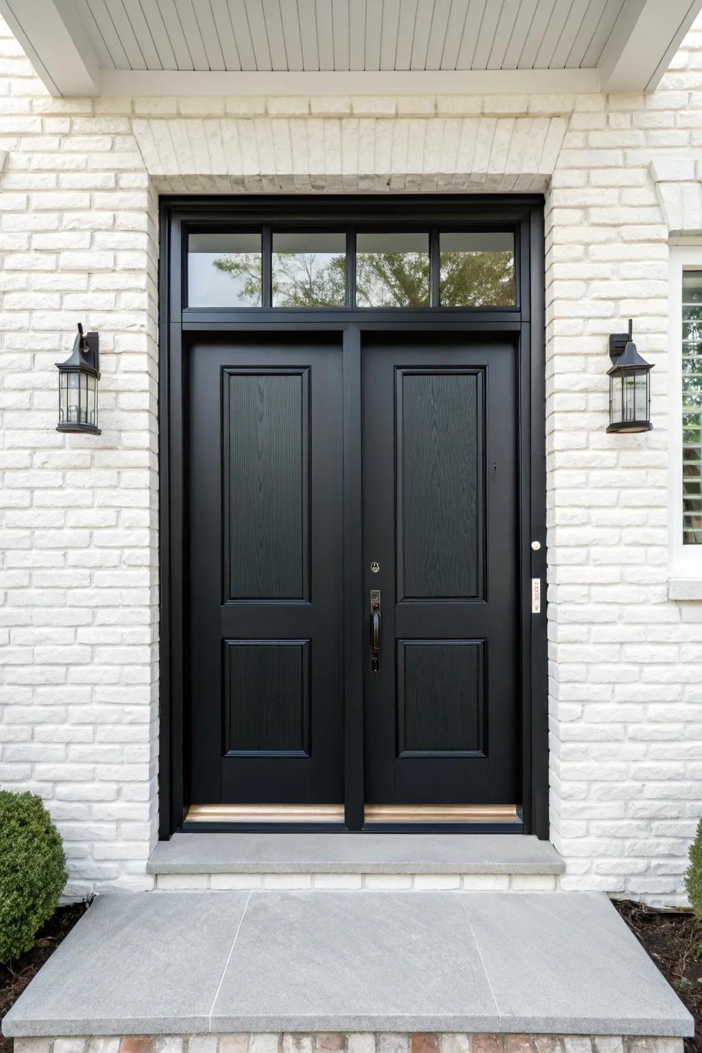 Remarkable black doors that distinctly stand out against a white setting.