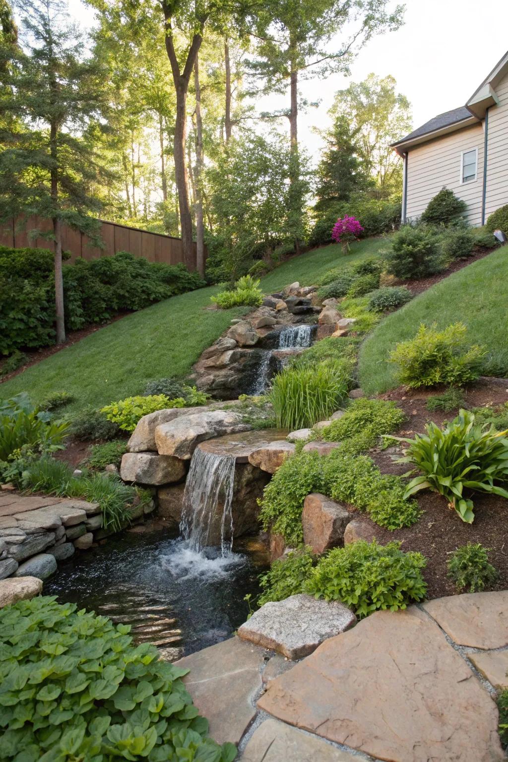 A cascading waterfall enhances tranquility and aesthetic appeal to any sloped backyard.