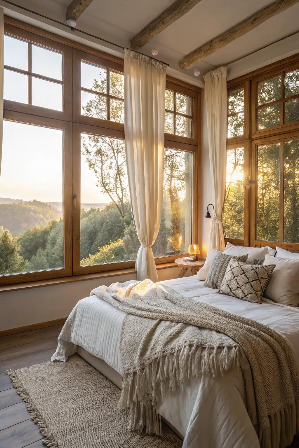 Sunlight creates a bright and uplifting bedroom atmosphere.
