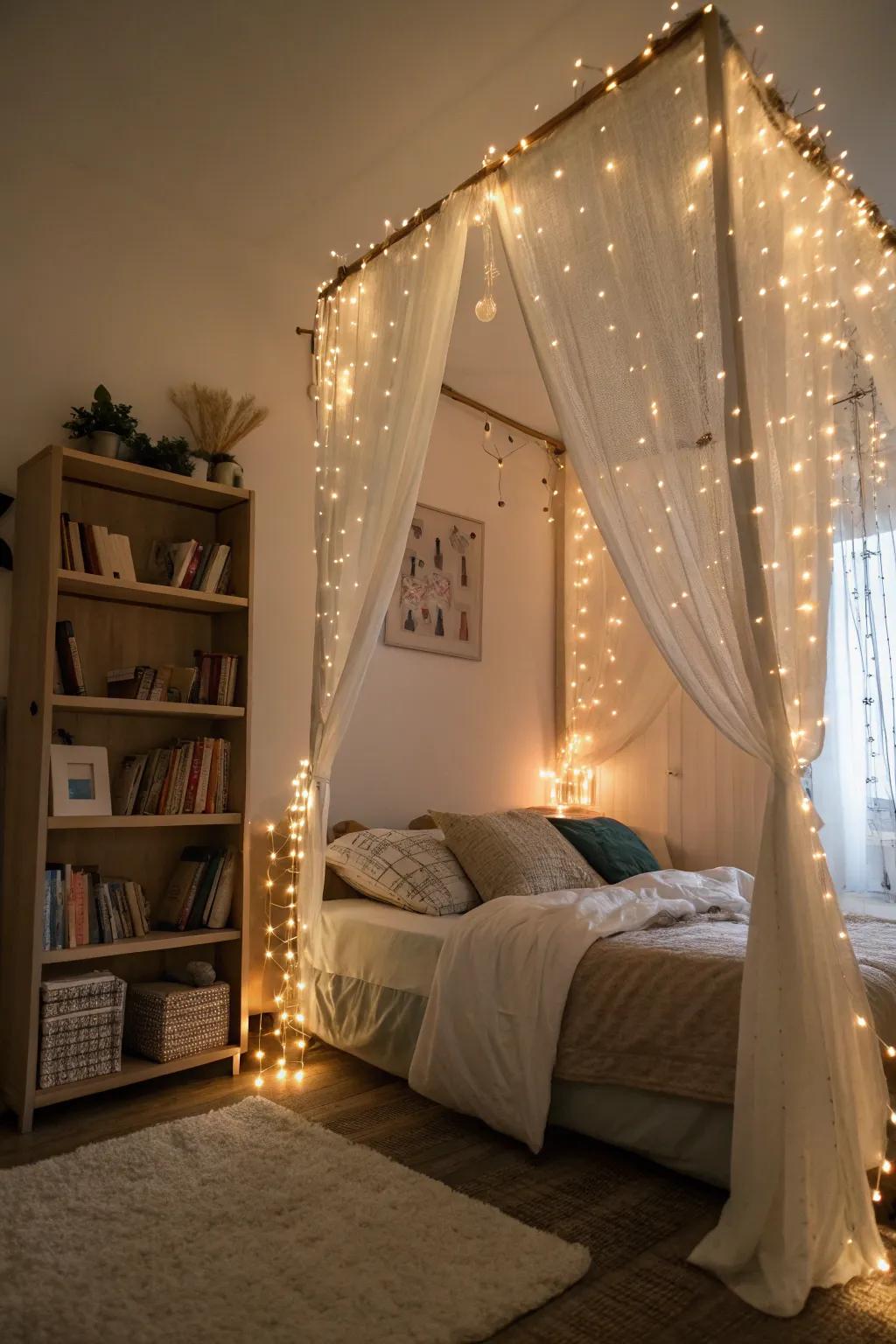 An enchanting bedroom corner with sparkle lights creating a cozy radiance.
