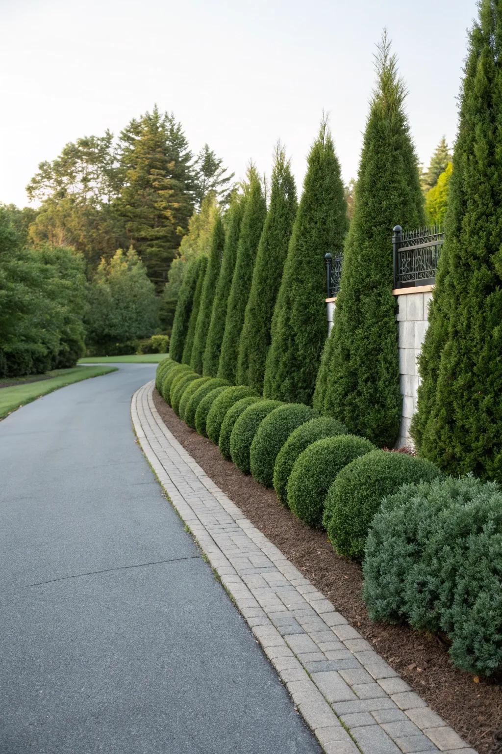 Precisely trimmed greenery fashions an elegant berm.