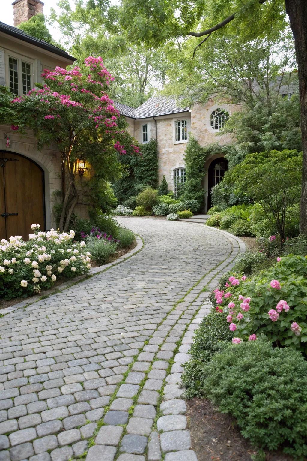 An old-world stone block driveway infuses charm and distinctiveness to any home.