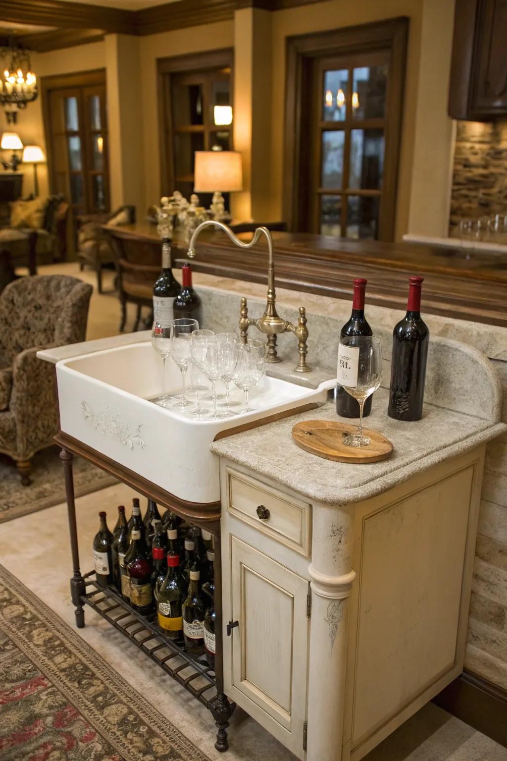 An antique cabinet sink transformed into a stylish bar area.