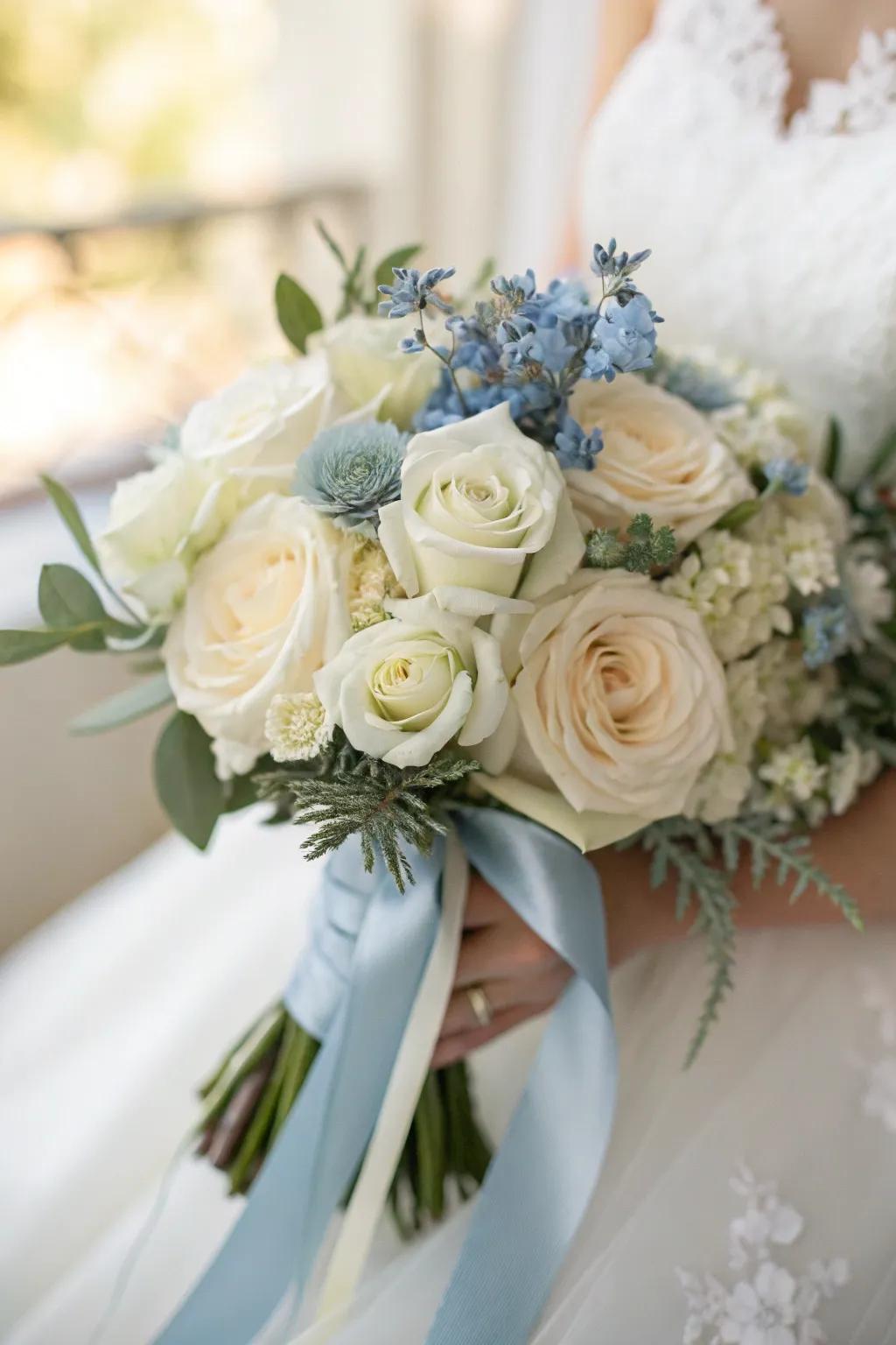 A fascinating posy showcasing the ideal blend of white and soft teal blooms.