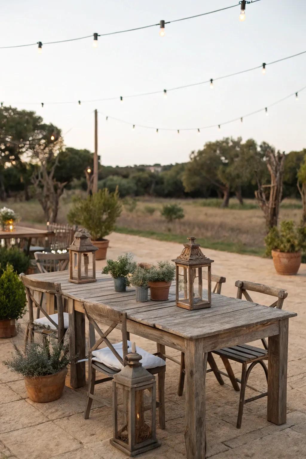 Weathered wood pieces add natural warmth and character.