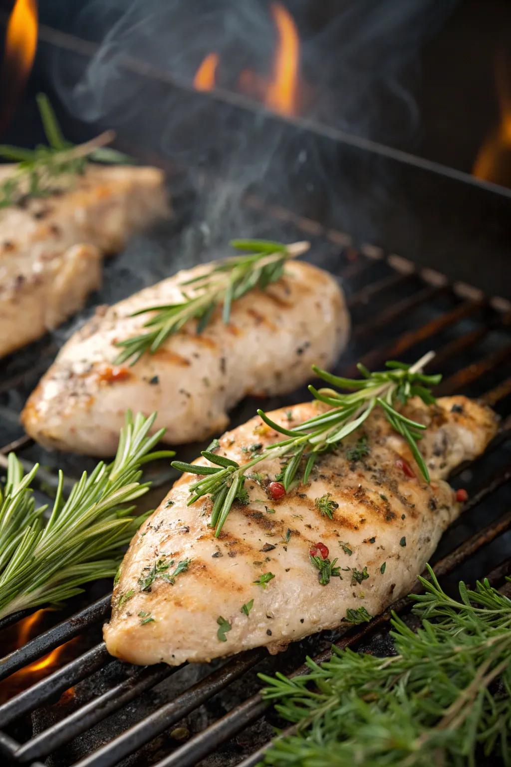 Succulent herb-filled bird sizzling on the grill.
