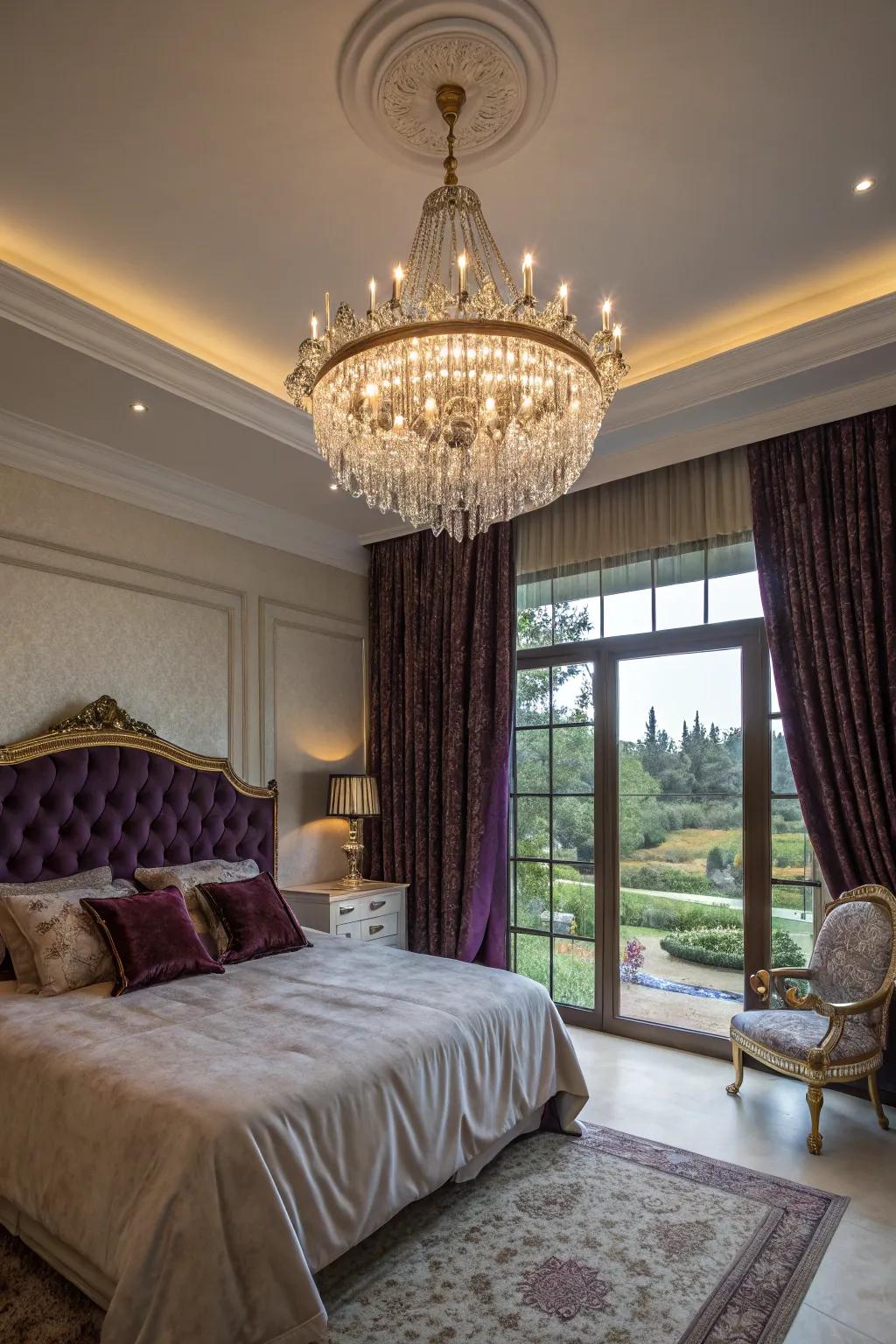 A luxurious bedroom lit by a gorgeous crystal chandelier.