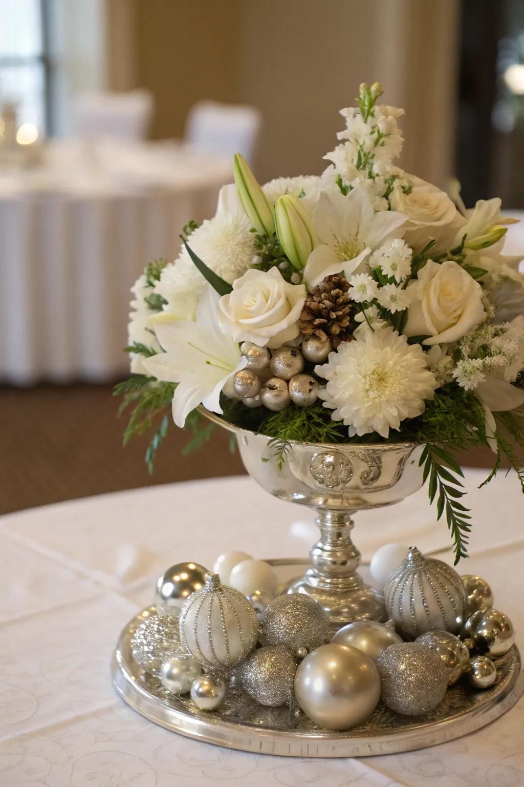 Ornamental centerpiece featuring flowers and metallic accents