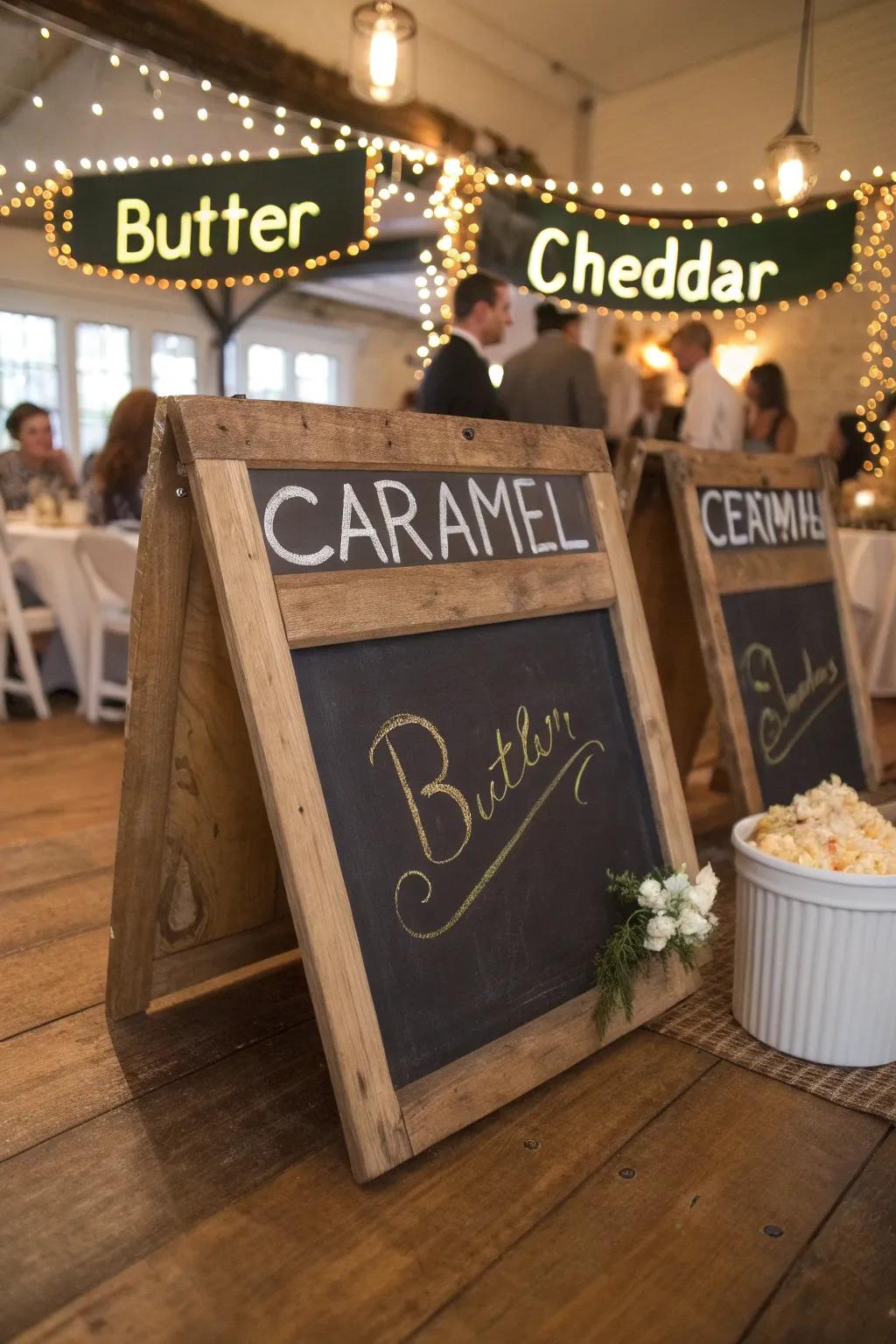 Blackboard markers gracefully identify the popcorn tastes, adding an individual element to the wedding station.