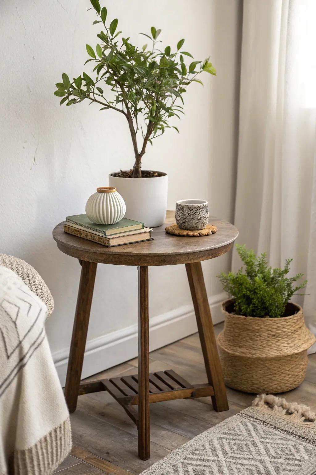 A hint of nature through a potted plant on a side table.