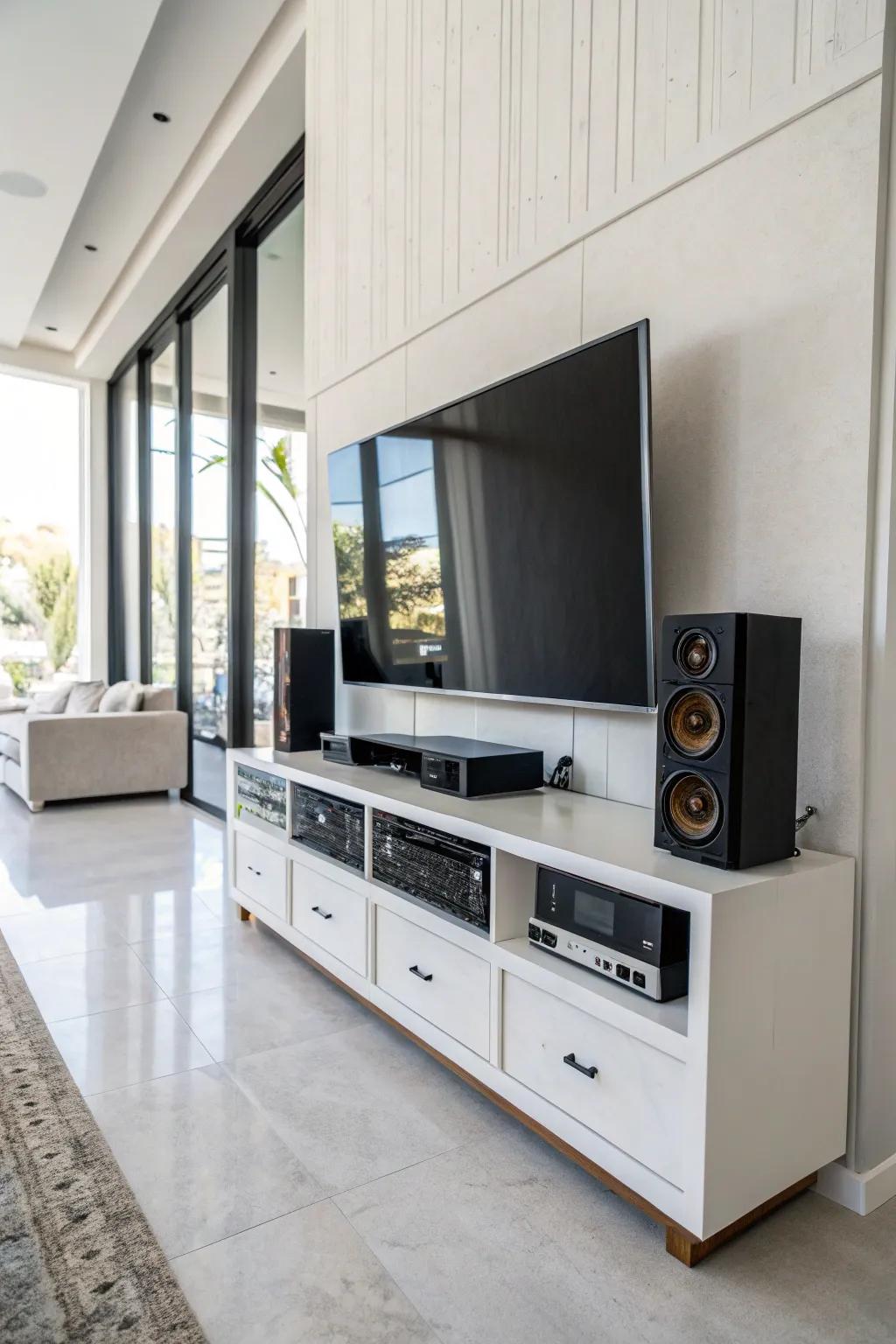 A polished entertainment setting featuring a display secured to the support.