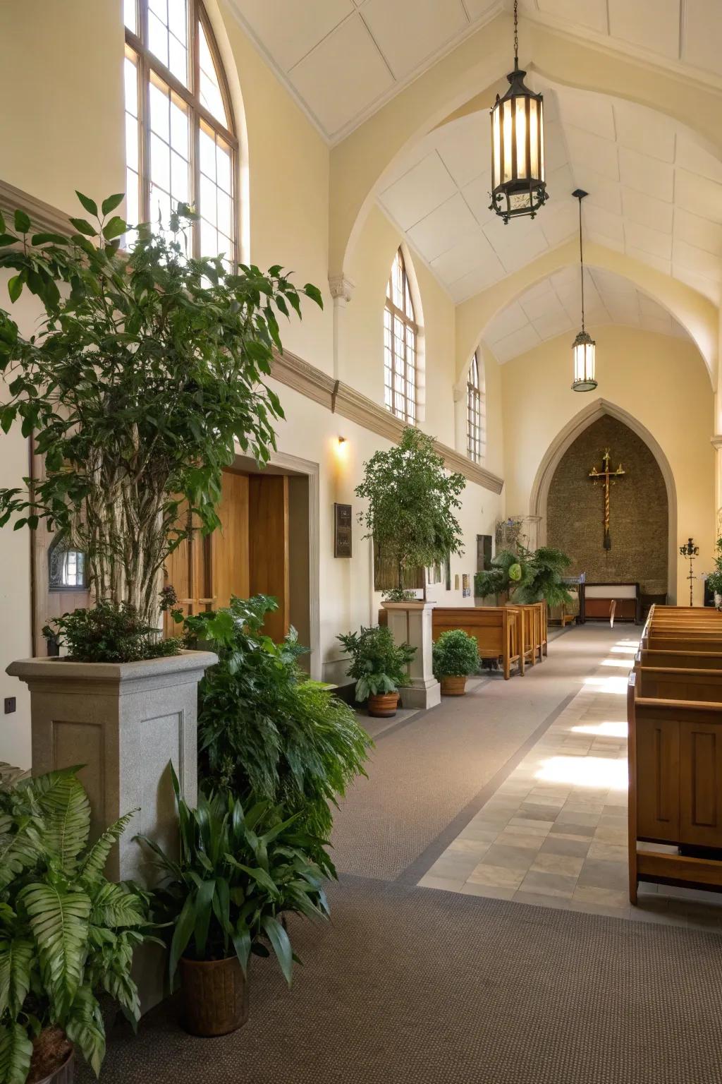 Live plants give energy and a natural element to the church entrance.