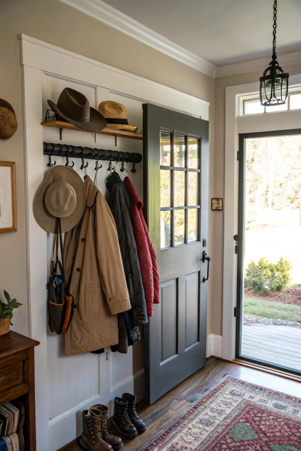 Use over-the-door fixtures for a simple storage solution.