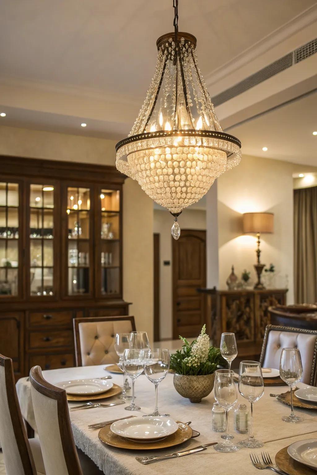 A chandelier adds elegance and highlights the dining area.