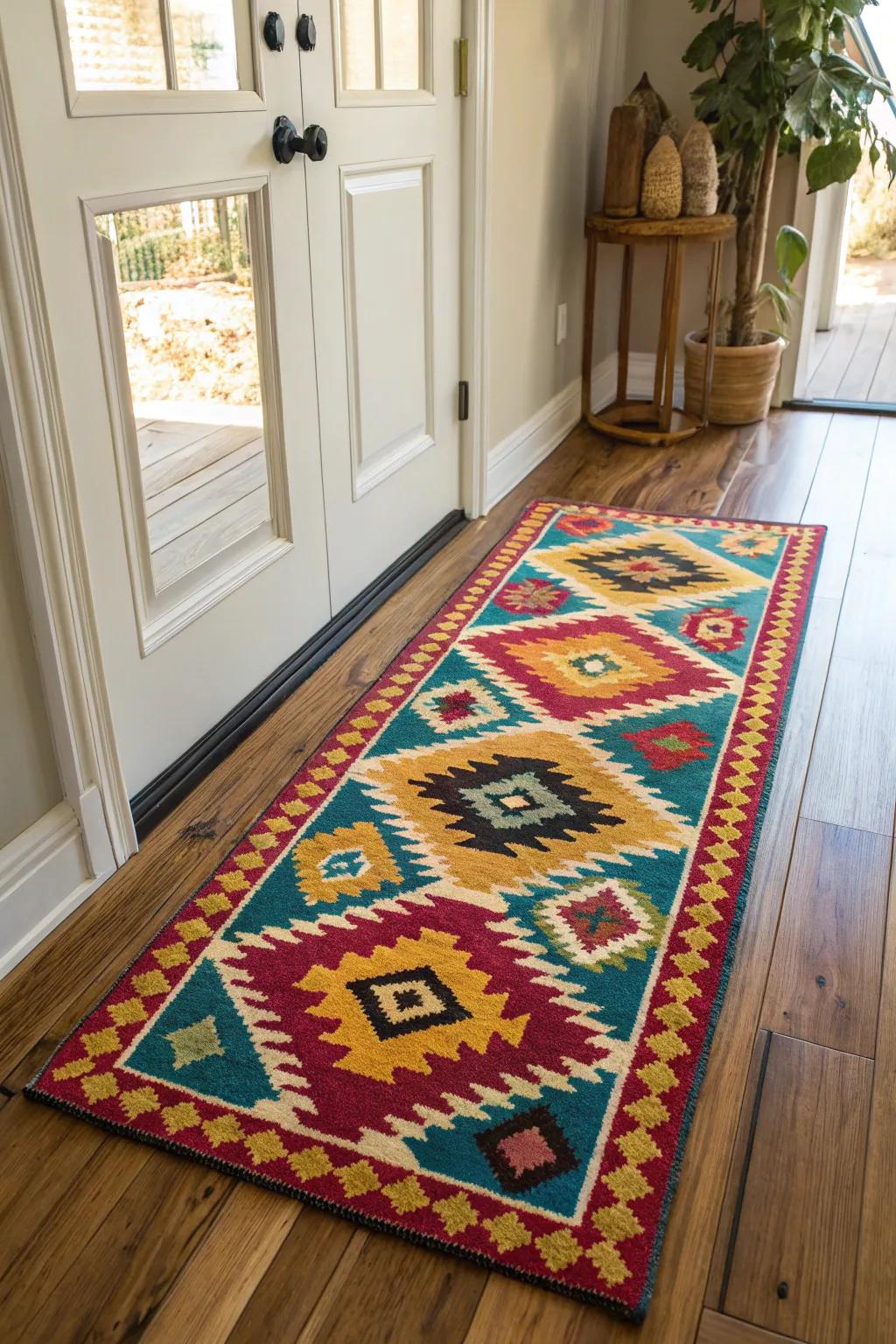 A rug infuses warmth and personality into the entryway.
