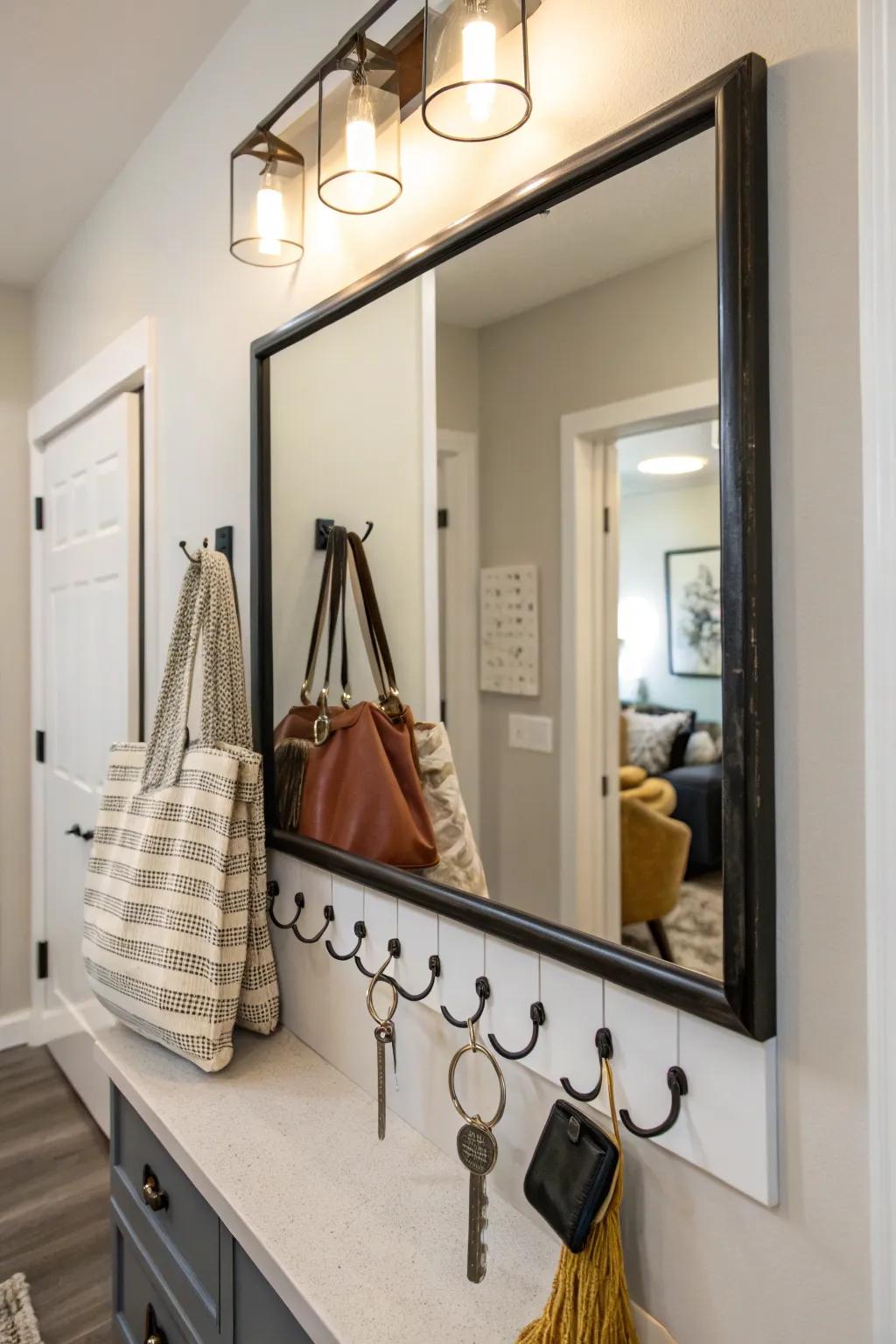 Achieve practical elegance with a mirror that both organizes and enhances your entryway.