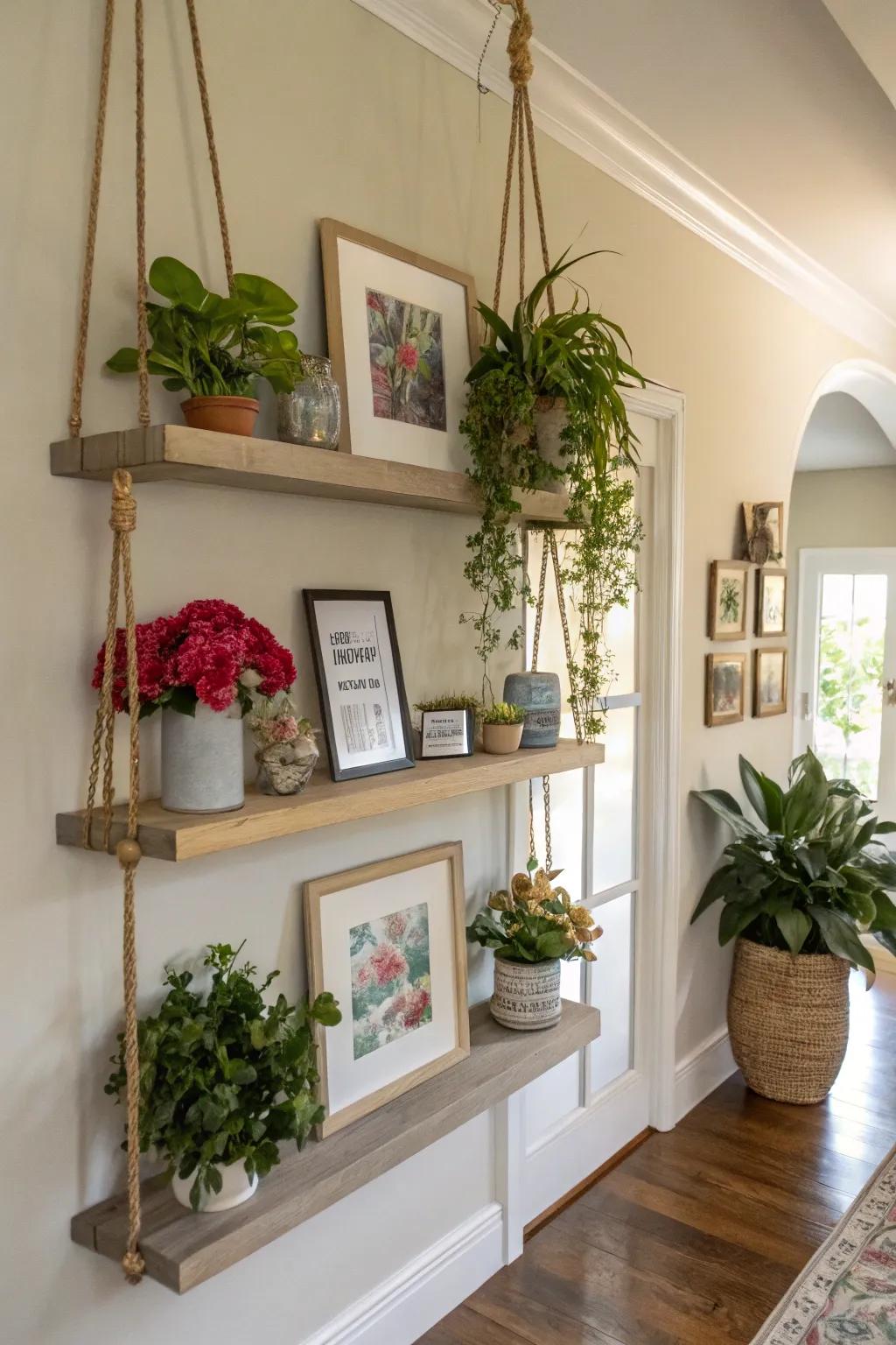 Floating shelves merge design and functionality in a foyer.