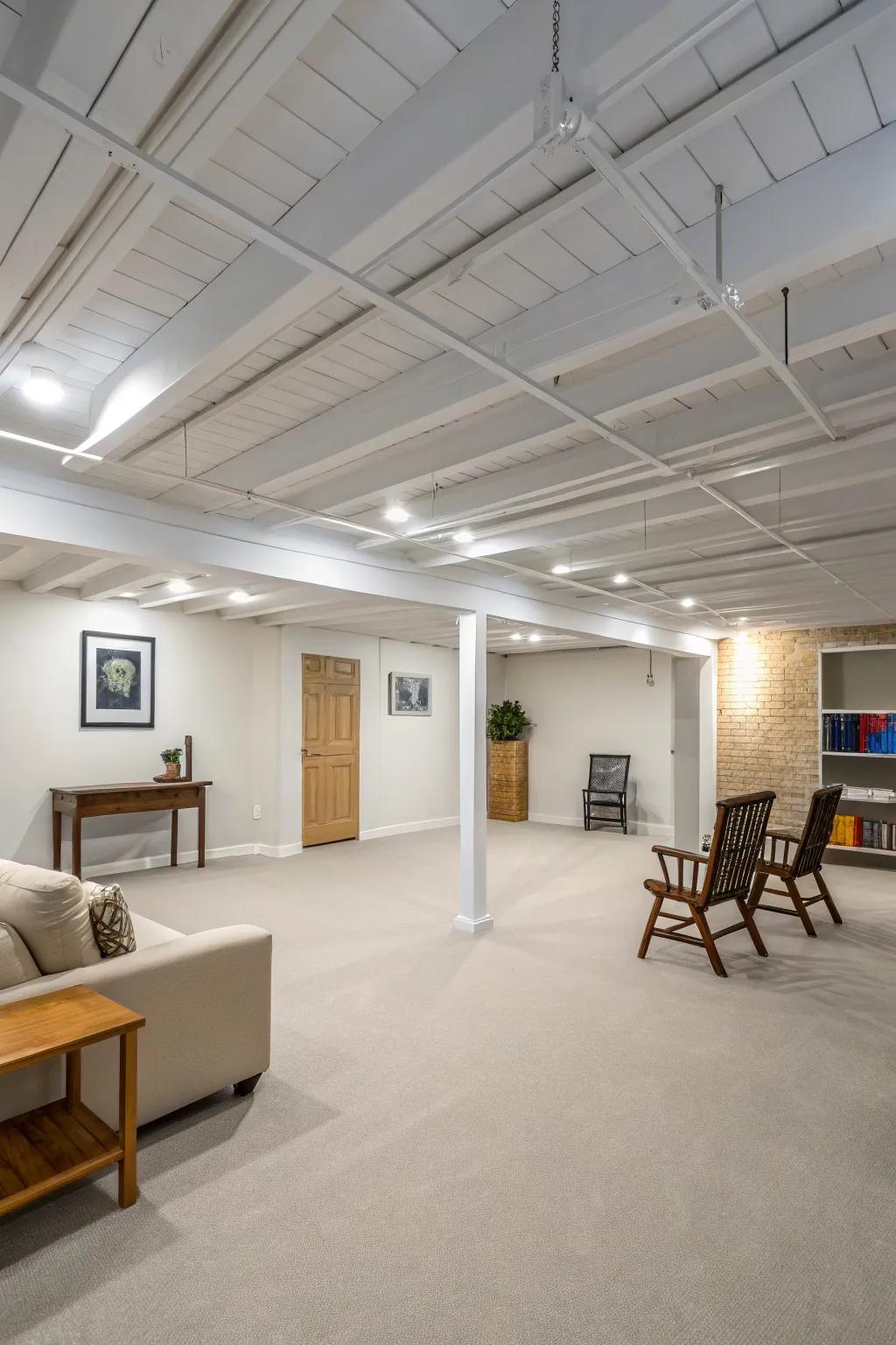 A bright and airy basement featuring a painted upper space.