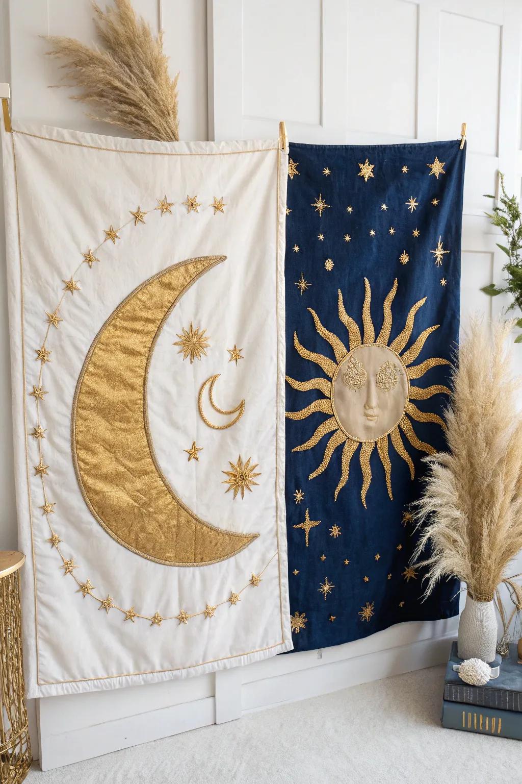 Embrace the serene beauty of the night sky with this stunning fabric collage.