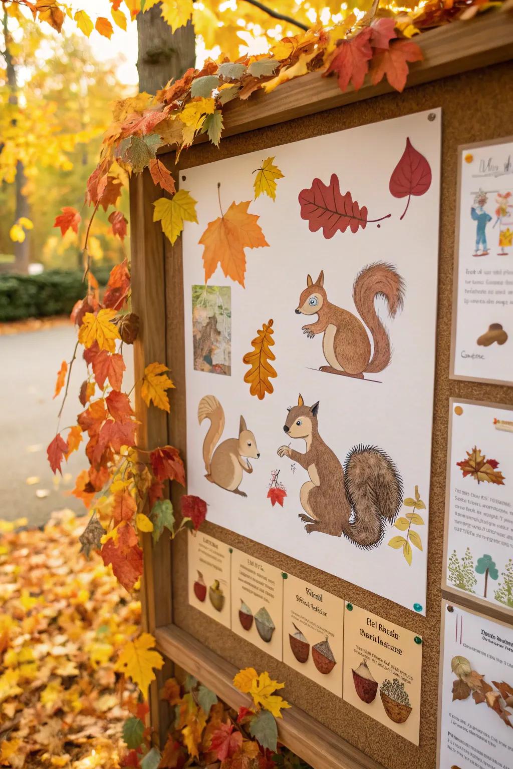 Squirrels collecting nuts add a lively touch to this autumnal display board.