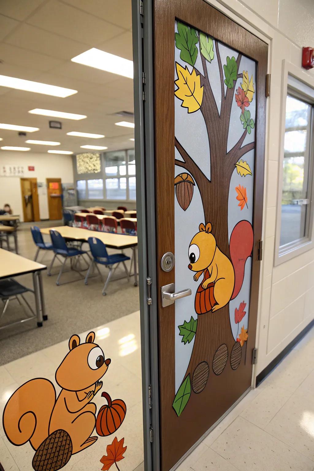 An interactive design of squirrels and acorns for doorway decor.