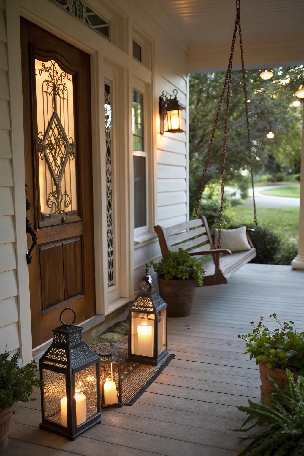 Luminaries deliver a toasty, inviting radiance to an autumn-themed entrance.