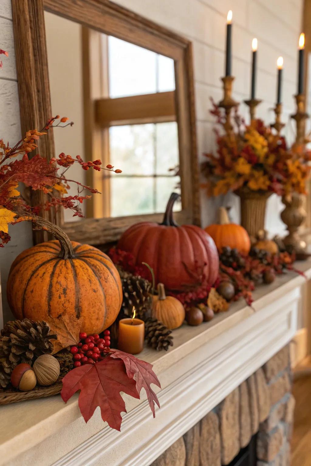 An autumnal fireplace showcasing comforting autumnal shades for a snug sensation.