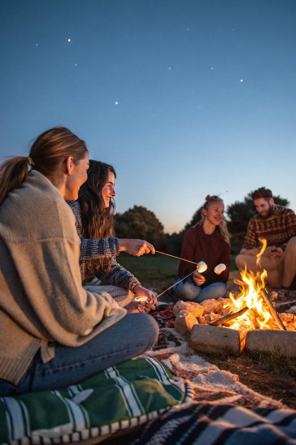 Companions basking in a warm bonfire at night.