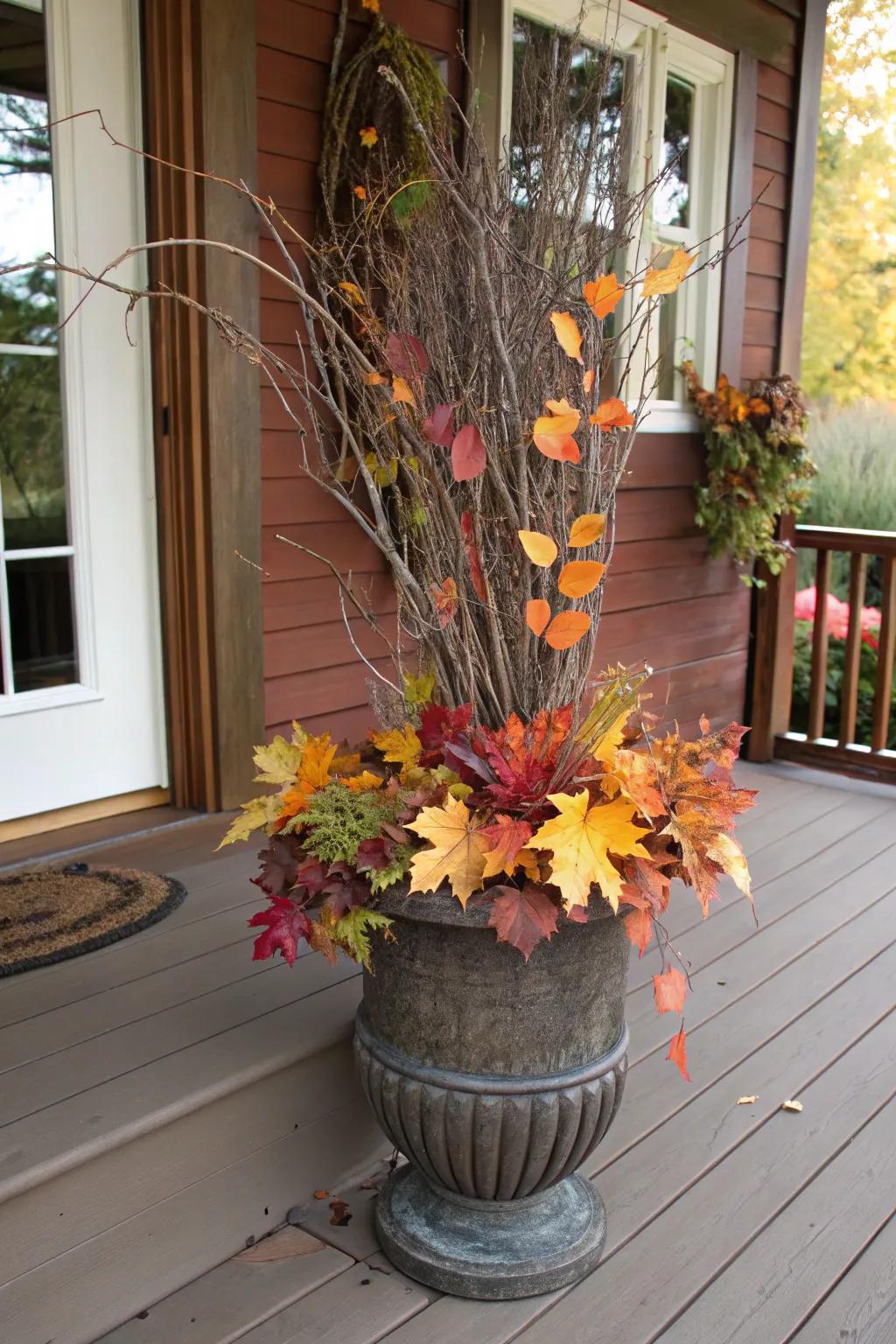 Branches enhance rustic elegance and texture within your autumn planters.