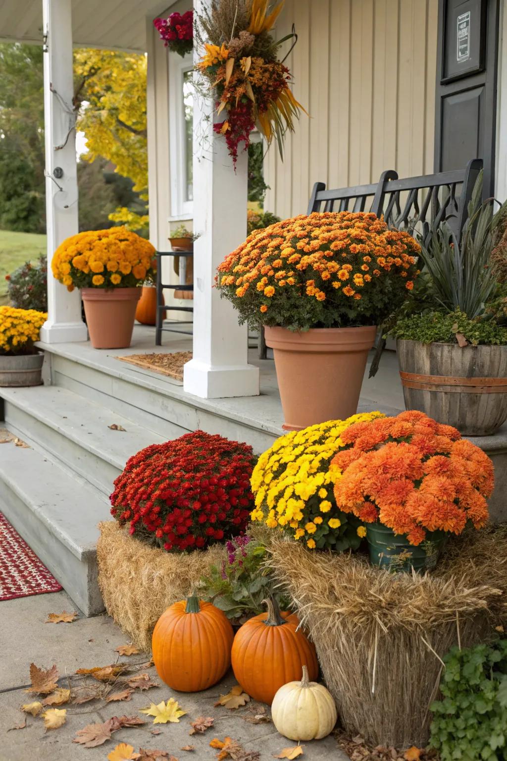 Multihued chrysanthemums breathe animation and energy into the autumnal veranda scenario.