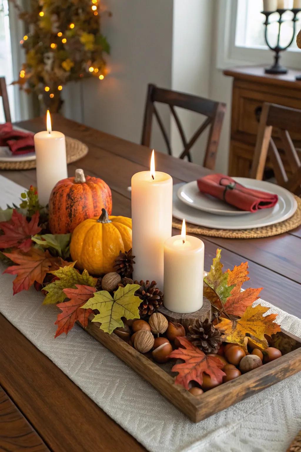 Flames lend a snug, welcoming radiance to any fall centerpiece.