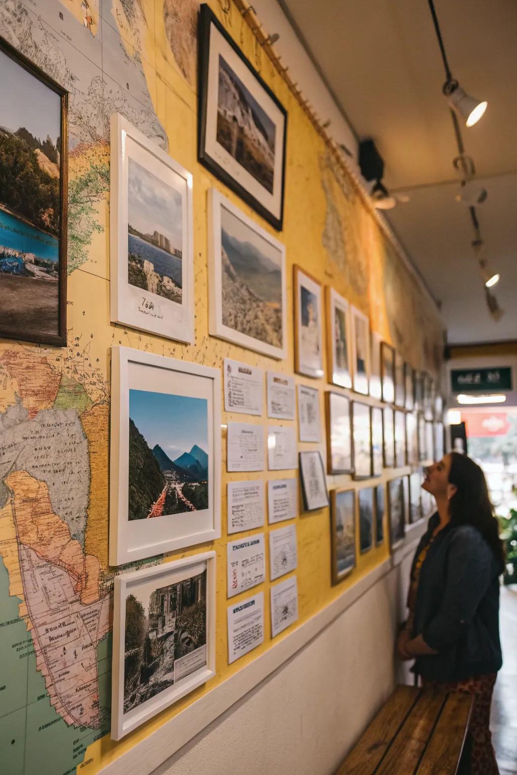 A travel-inspired photo wall filled with framed adventures and souvenirs