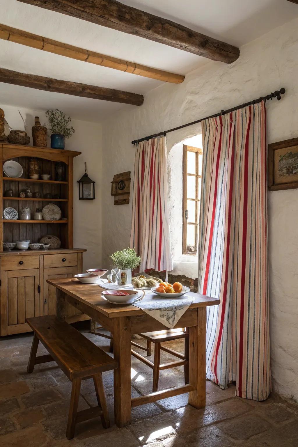Striped coverings appending charm to a pastoral countryside dining chamber.