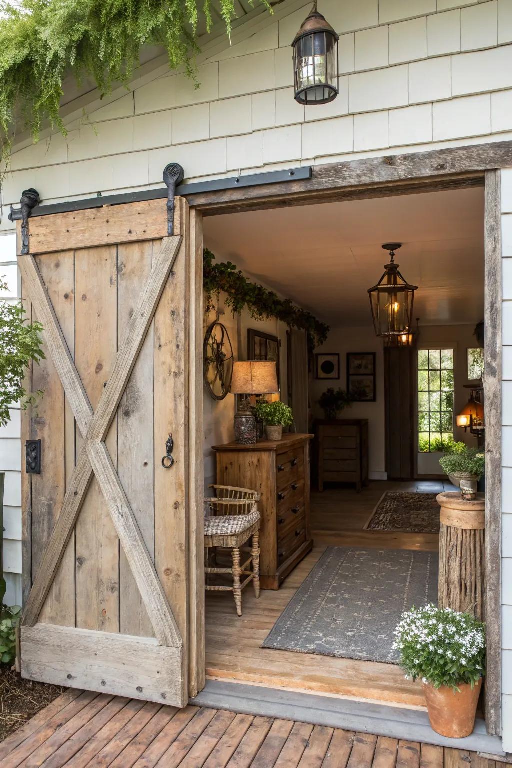 A delightful entryway displaying a sliding barn door for added distinction.