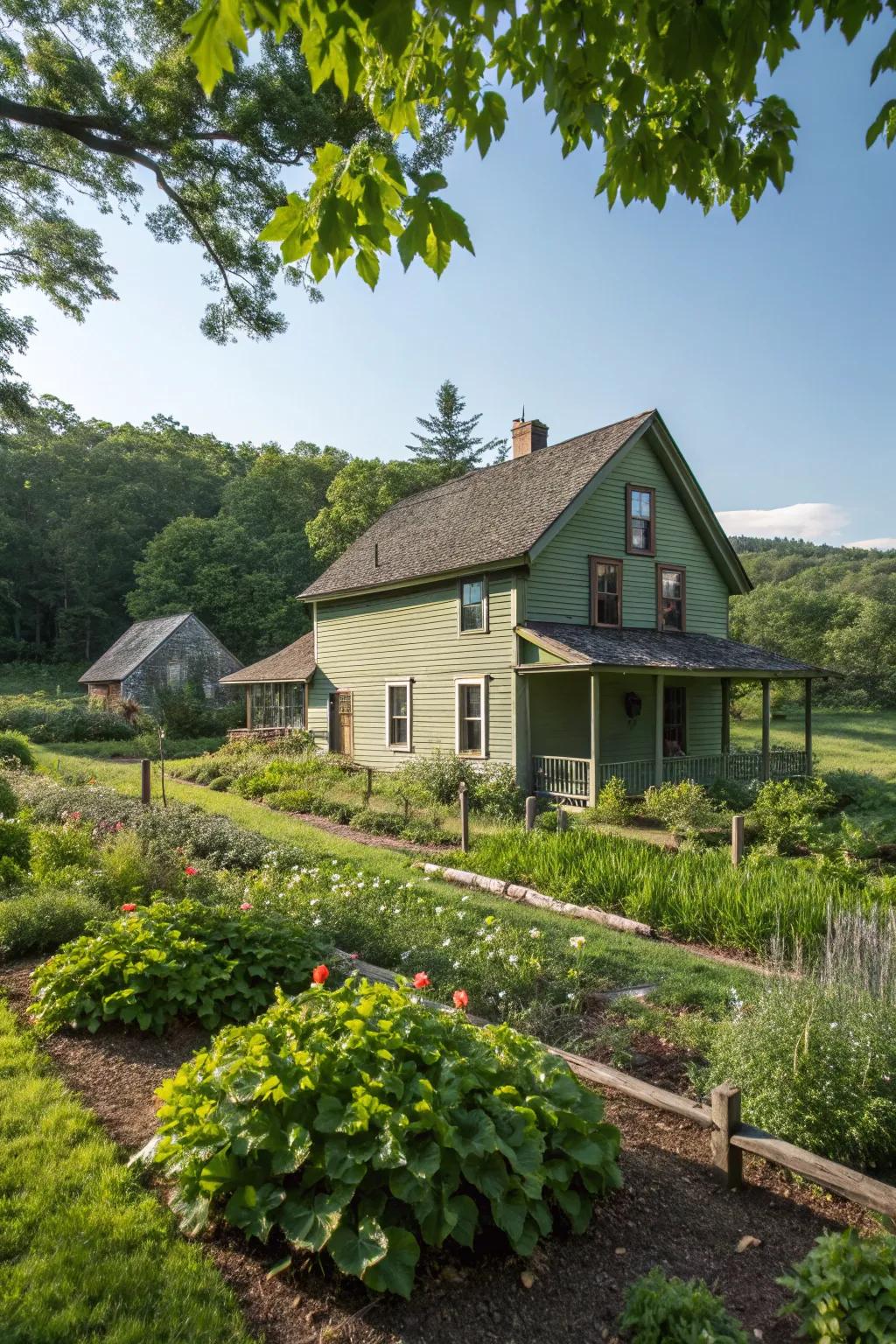 Earthy green farmhouse blending harmoniously with its natural environment.