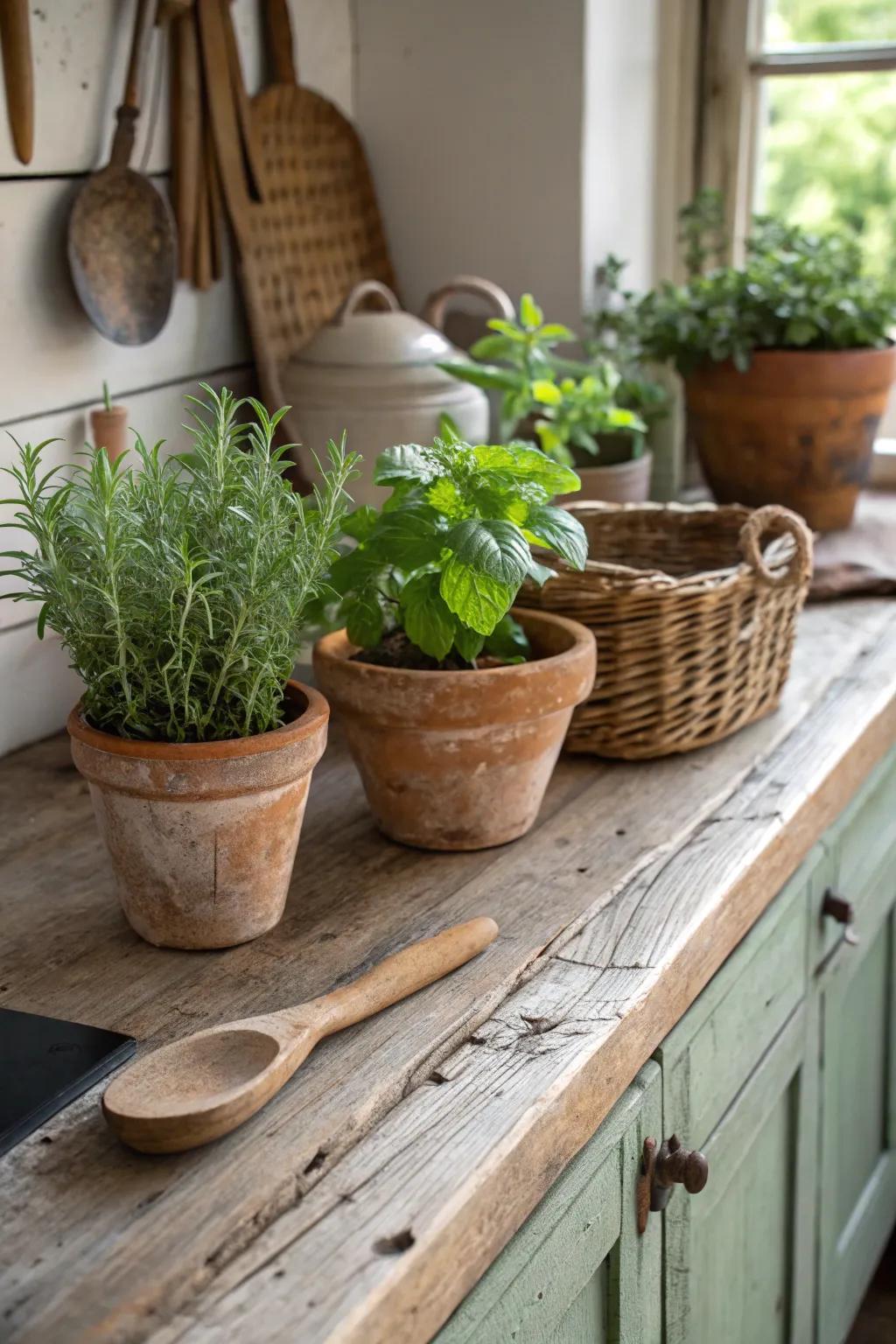 Potted herbs providing a revitalizing vibe to a country-style cooking space décor.