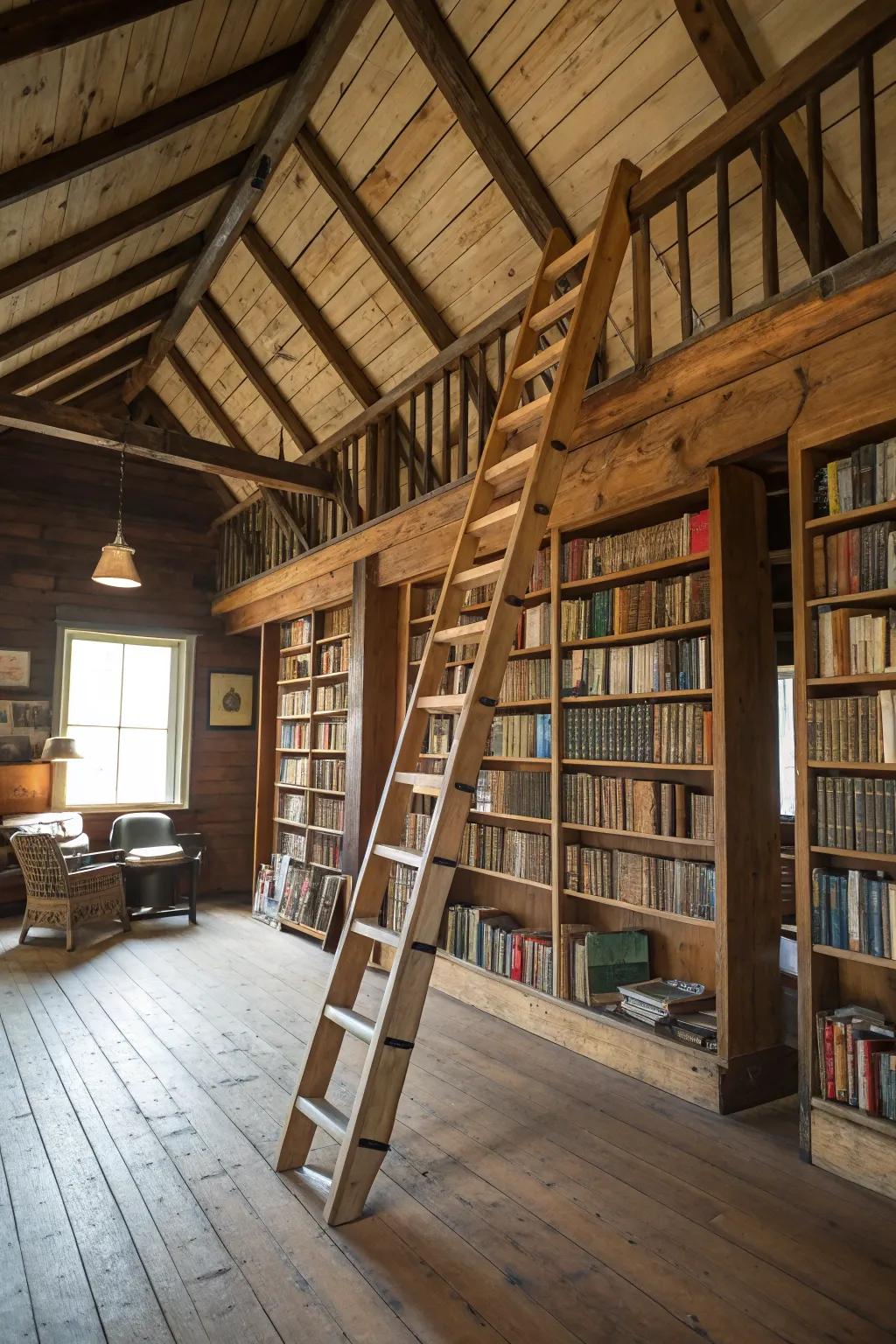A rolling ladder gives you access to tall shelves and gives the library more character.