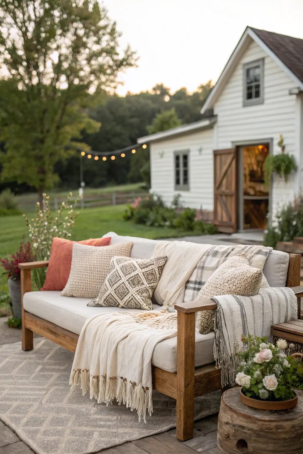 Snug fabrics introduce an additional layer of coziness to a farmhouse patio.