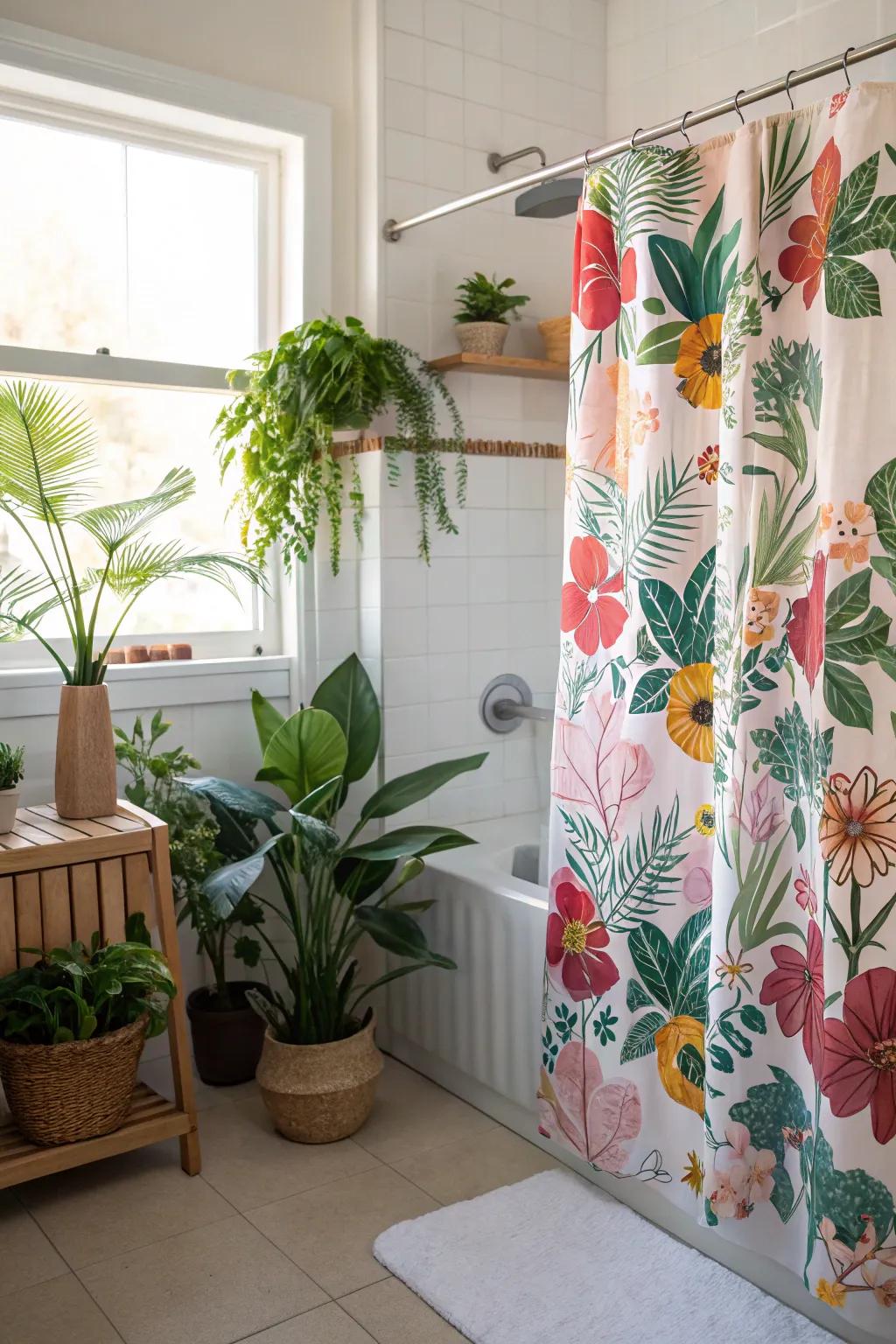 A lavatory embellished with a botanical patterned shower drape and lush verdant flora.