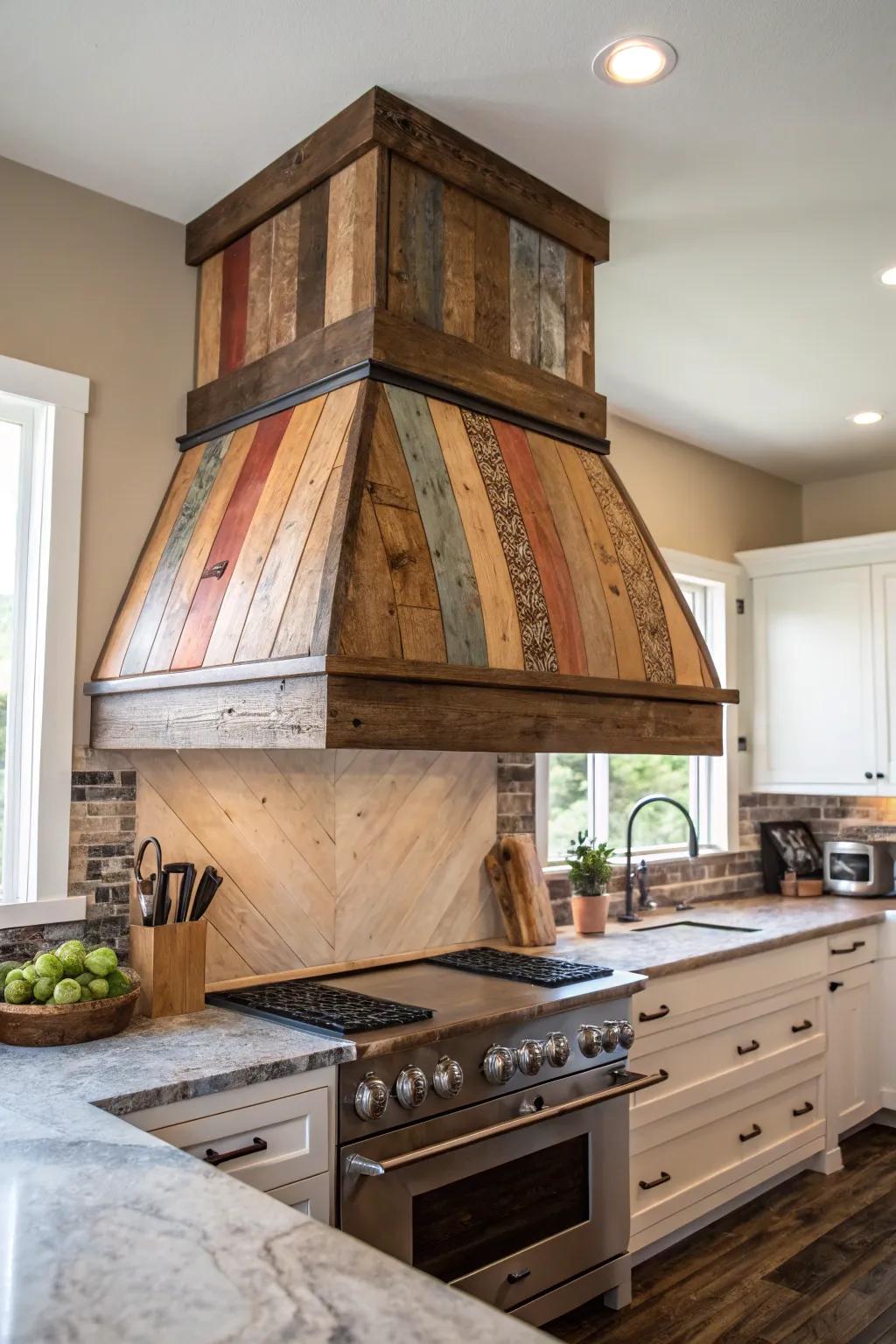 Salvaged timber vent hoods offer distinctive patterns and individuality.