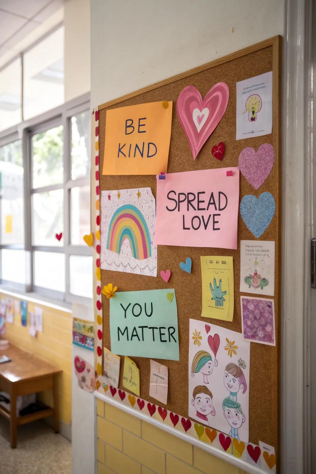 A bulletin board advocating benevolence and constructive messages.