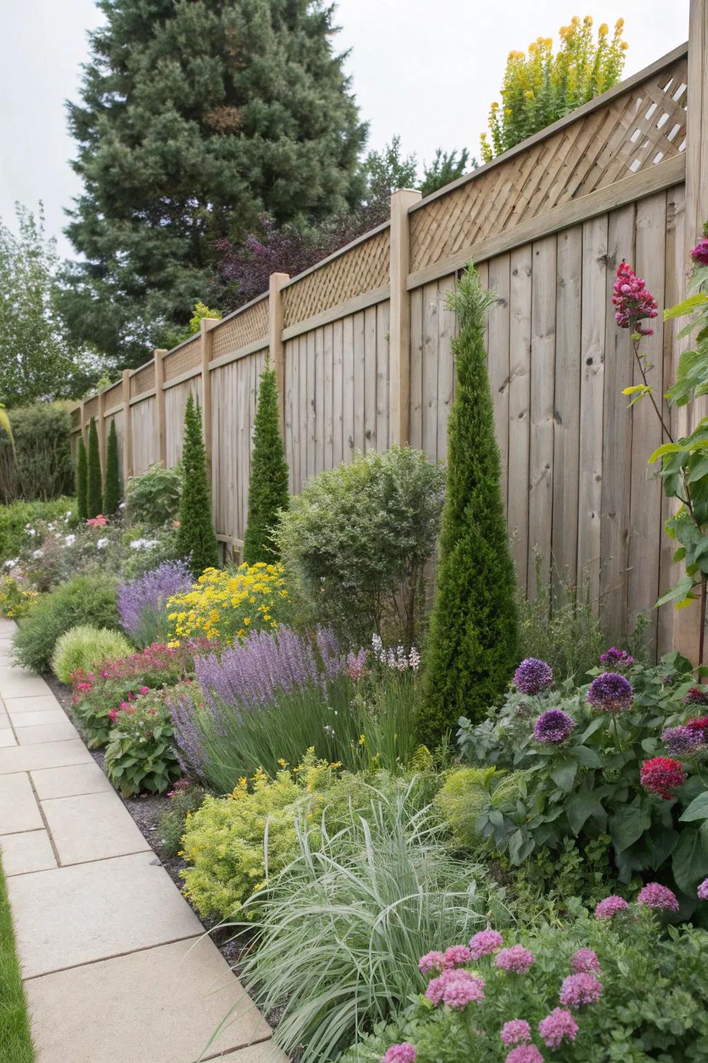 Tiered plantings develop depth and dimension along your fence.