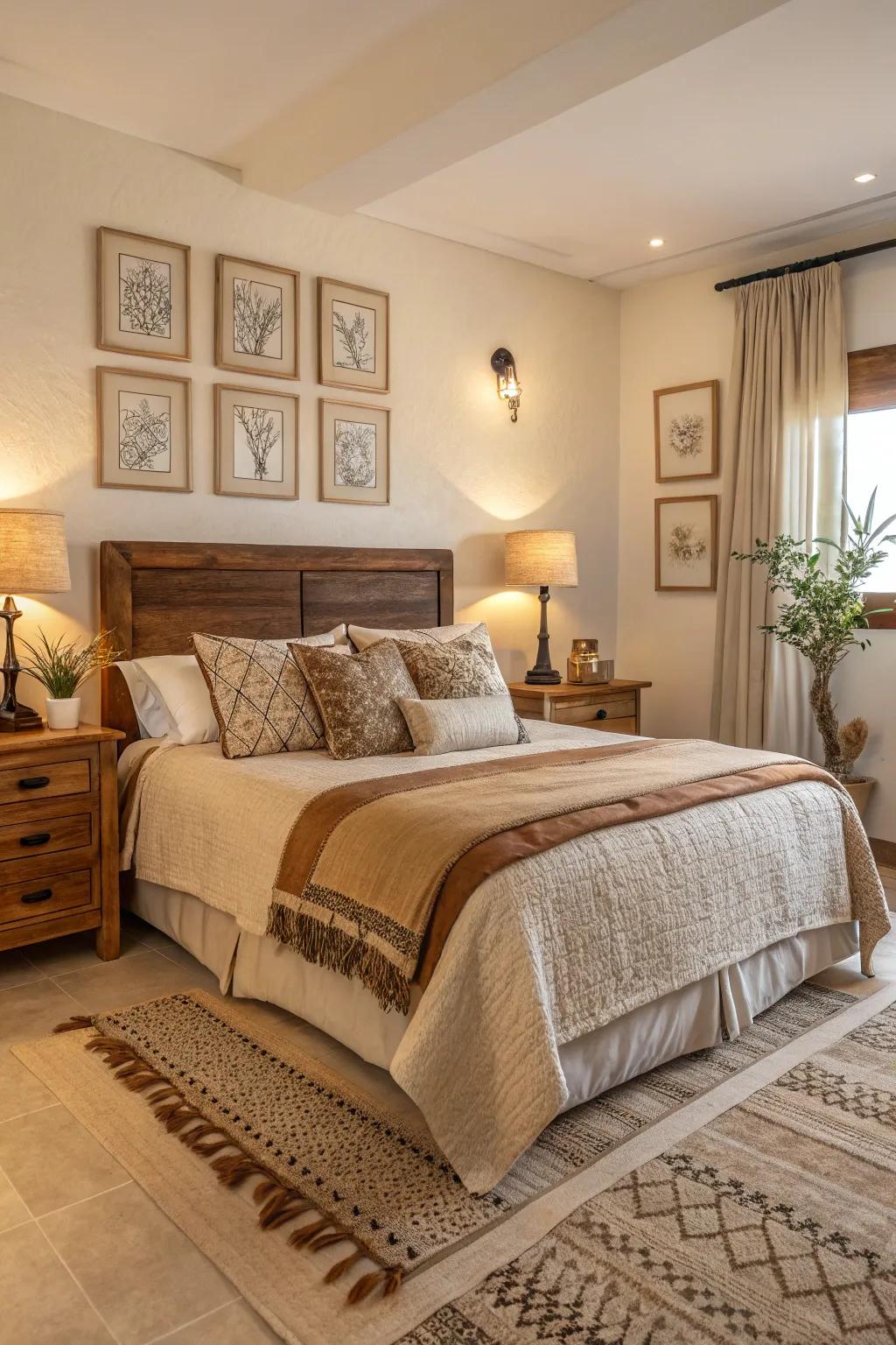 Relaxing natural shades create a restful sleeping space ambiance.