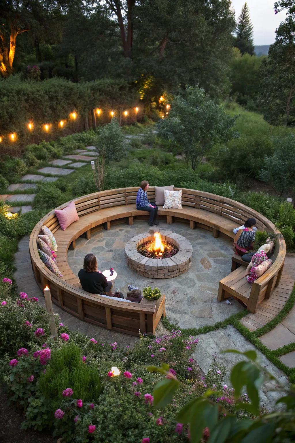 Circular seating promotes conversation around the fire pit.