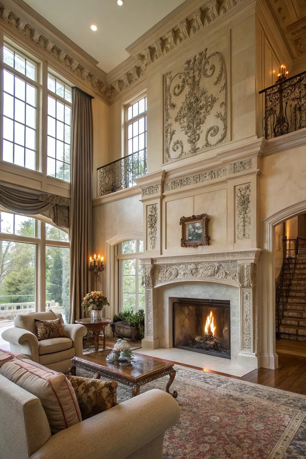 Elaborate facades intensify the elegance of this fireplace.