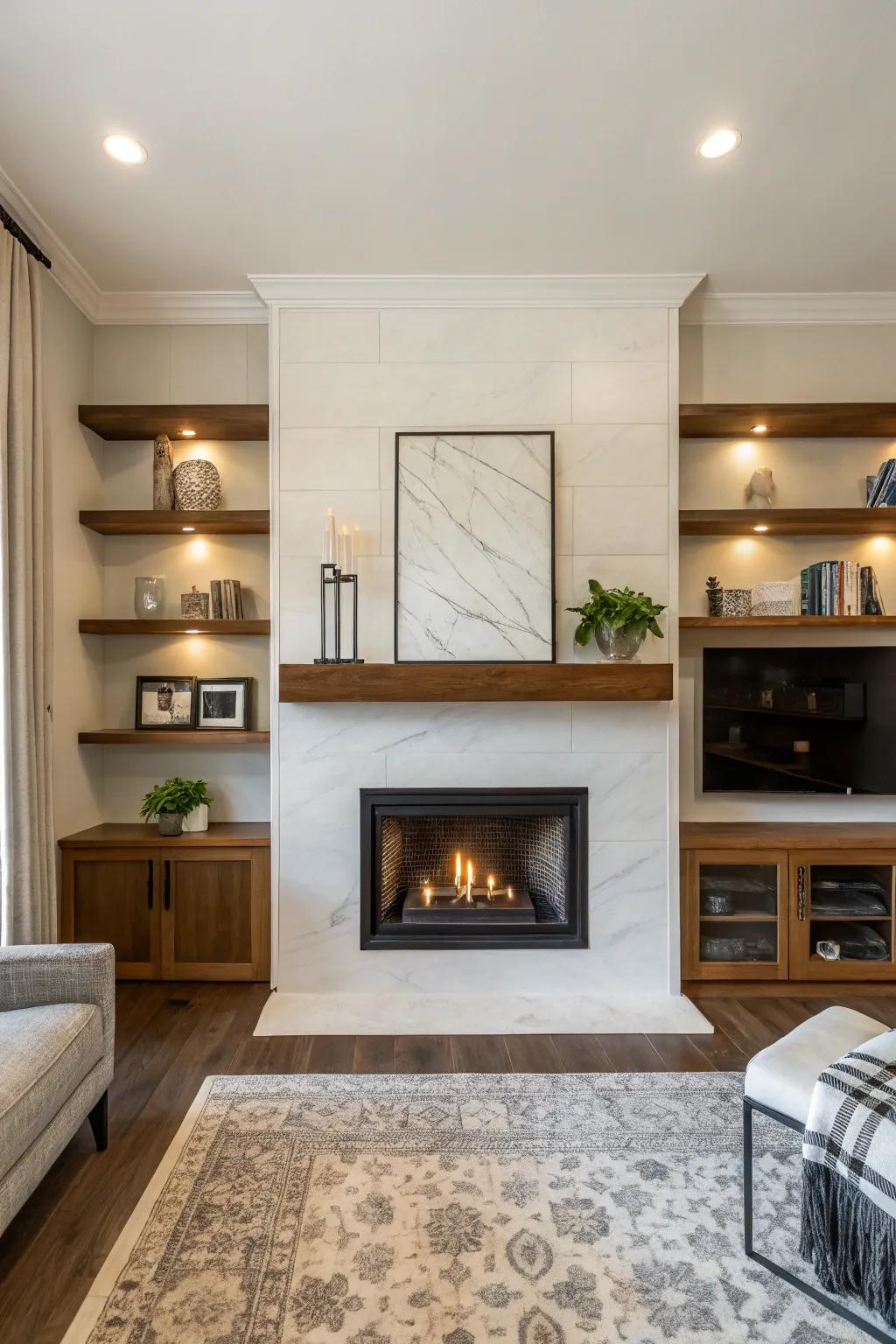 Adopt contemporary simplicity with smooth shelving and a minimalist fireplace.